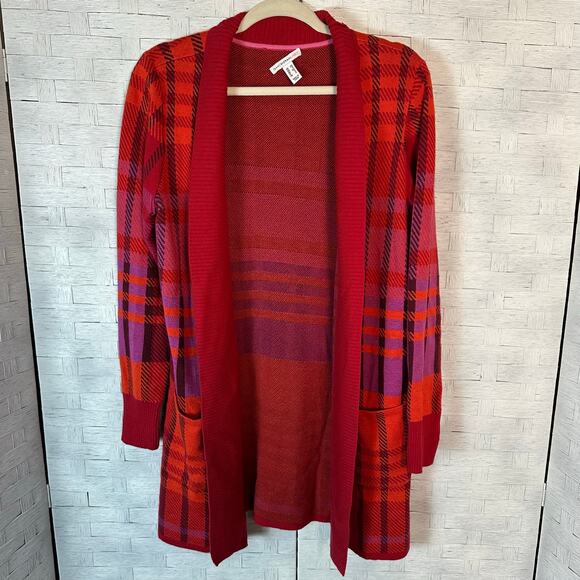 Isaac Mizrahi long cardigan bold plaid red to orange packets cozycore fall Y2K - Picture 1 of 9
